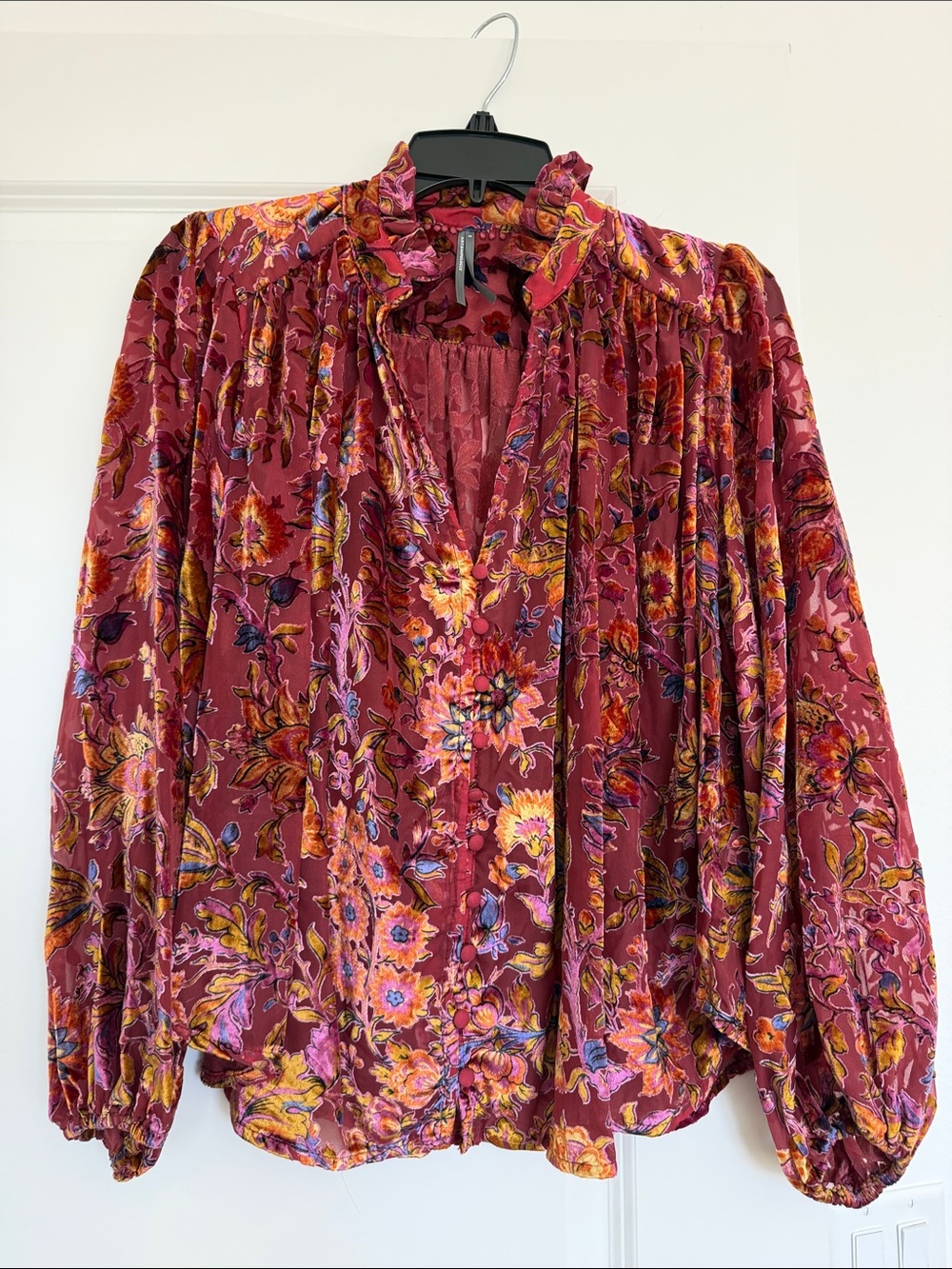 Anthropologie Burgundy Floral Ruffle-Neck Blouse